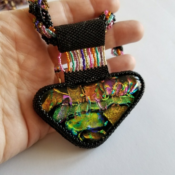 Relisted... Big Handmade Dichroic Glass necklace peyote colorf - Picture 3 of 8